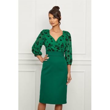 Rochie Mirabela verde cu imprimeuri negre catifelate la bust