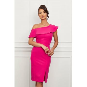 Rochie Moze fucsia cu umar gol si volan