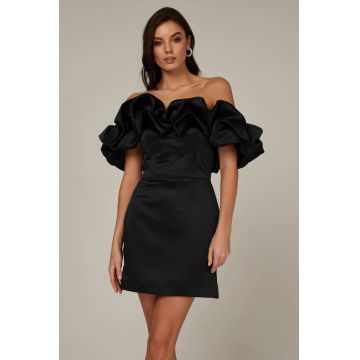 Rochie Mystic, Satin Cotton Fabric, Event Ruffles Dress, Midnight Black