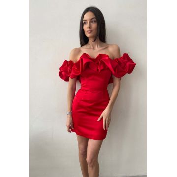 Rochie Mystic, Satin Cotton Fabric, Event Ruffles Dress, Passional Red