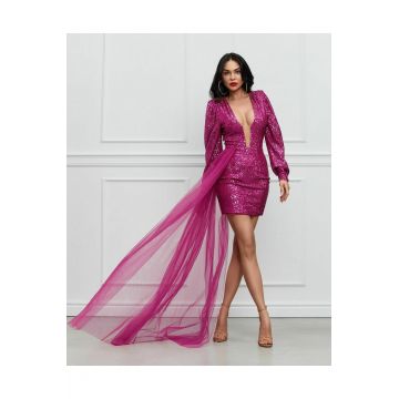Rochie Mini de Dama, cu Trena Atasata pe o Parte, din Paiete, cu Maneci Lungi Bufante si Decolteu Adanc, Ellegante, Fuchsia