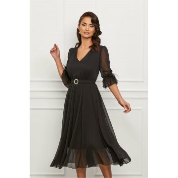 Rochie Dy Fashion neagra din voal cu pene la maneci