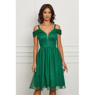 Rochie eleganta din tull verde cu glitter si umeri goi