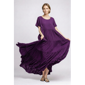 Rochie lunga, croi amplu cu patru volane, stil boem elegant, mov