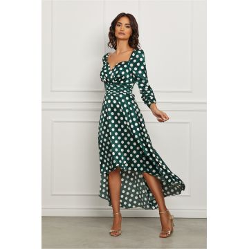 Rochie MBG verde din satin cu buline albe