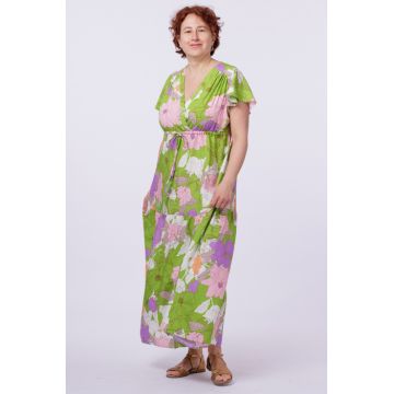 Rochie cu bust petrecut si imprimeu floral pe fond verde