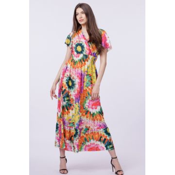 Rochie cu talia evidentiata si bust petrecut, imprimeu floral predominant verde-portocaliu