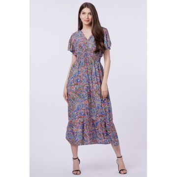 Rochie cu talia evidentiata si bust petrecut, imprimeu paisley pe fond albastru