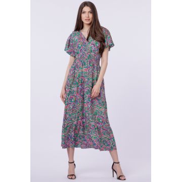 Rochie cu talia evidentiata si bust petrecut, imprimeu paisley pe fond verde