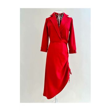 Rochie de Dama din Satin, cu Siret pe Crapatura si Petrecuta pe Bust, Ellysium, Rosie