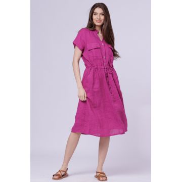 Rochie de vara midi din in cu buzunare si siret in talie, mov zmeura