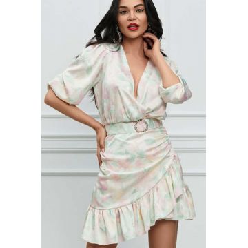 Rochie Eleganta din Satin, cu Maneci Bufante, Petrecuta pe Bust si Centura in Talie, Mignonette, Print Floral, Roz