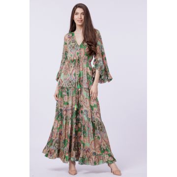Rochie lunga cu volane si imprimeu floral, din matase indiana verde cu roz si caramiziu
