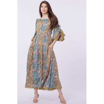Rochie lunga din matase indiana, pe umeri, cu maneci ample, mustar-turcoaz