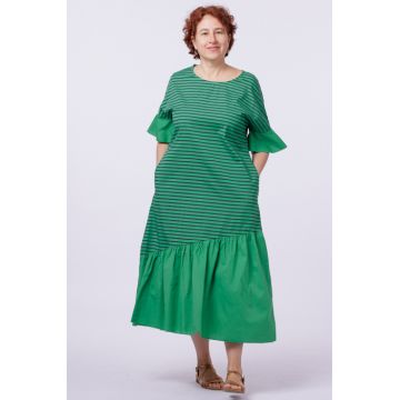 Rochie lunga verde, cu dungi, din poplin de bumbac