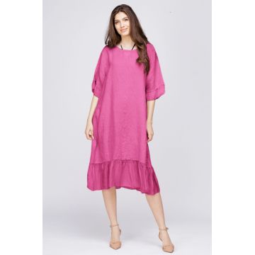 Rochie midi din in fucsia cu volane din matase si funda pe spate