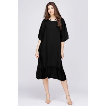 Rochie midi din in neagra cu volane din matase si funda pe spate