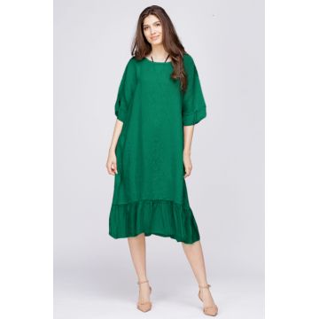 Rochie midi din in verde cu volane din matase si funda pe spate