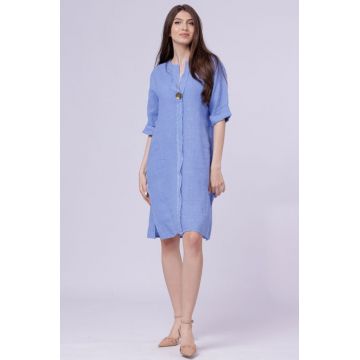 Rochie tunica din in bleu, cu nasture metalic decorativ