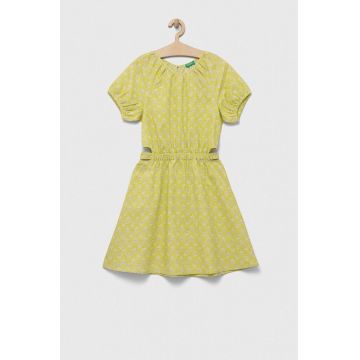 United Colors of Benetton rochie din in pentru copii culoarea verde, mini, evazati