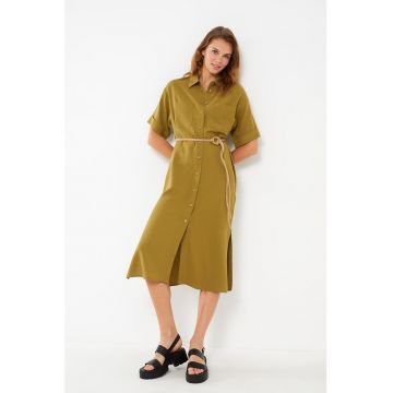 Rochie-camasa din amestec de in cu buzunare aplicate