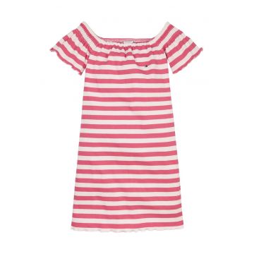 Rochie cu decolteu pe umeri si model in dungi