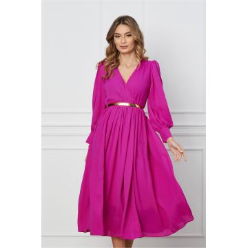 Rochie Dy Fashion fucsia cu decolteu petrecut si curea in talie