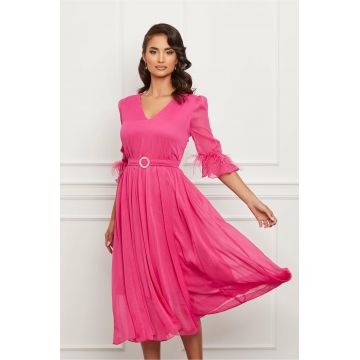 Rochie Dy Fashion fucsia din voal cu pene la maneci