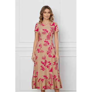 Rochie Ioana bej cu imprimeuri florale fucsia si volan la baza