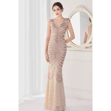 Rochie lunga Sabrina, cu paiete si cristale artizanale, Crem/Auriu