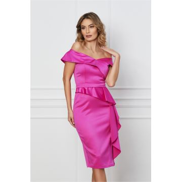 Rochie MBG fucsia cu umeri goi si peplum in talie