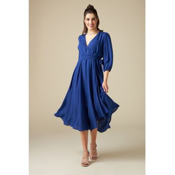 Rochie midi cu decolteu in V si cordon in talie