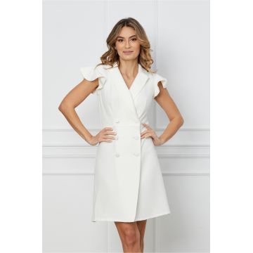 Rochie Moze alba tip sacou cu volanase la maneci