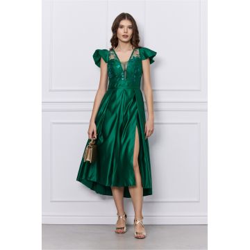 Rochie Moze verde cu paiete la bust si crepeu maxi