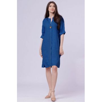 Rochie tunica din in albastru electric, cu nasture metalic decorativ