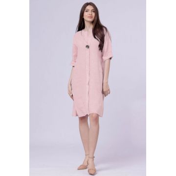 Rochie tunica din in roz prafuit, cu nasture metalic decorativ