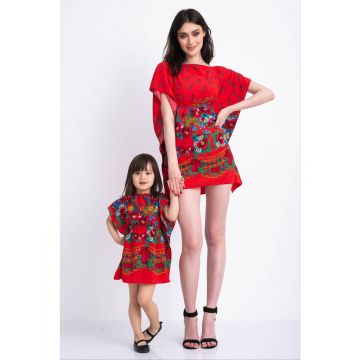 Set rochii mama fiica cu model tip folclor rosu