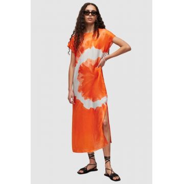 AllSaints rochie din amestec de matase culoarea portocaliu, midi, drept