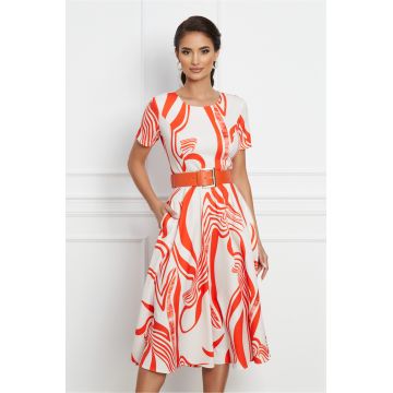 Rochie Amelia ivory cu imprimeuri corai si curea in talie
