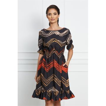 Rochie Christina neagra cu imprimeuri caramizii in zig-zag