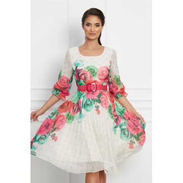 Rochie Dianne ivory cu imprimeuri fucsia si curea in talie