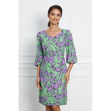 Rochie Dori verde cu imprimeuri florale lila