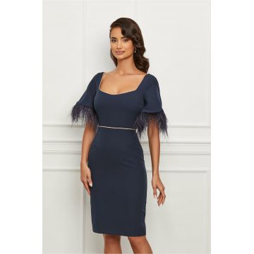 Rochie Dy Fashion bleumarin cu pene la maneci si insertie stralucitoare