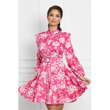 Rochie Dy Fashion scurta fucsia cu imprimeuri si curea in talie