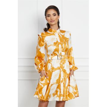 Rochie Dy Fashion scurta galbena cu imprimeuri si curea in talie