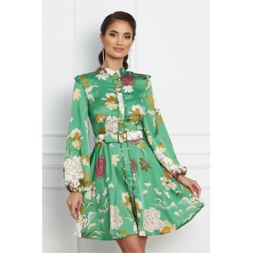 Rochie Dy Fashion scurta verde cu imprimeuri si curea in talie