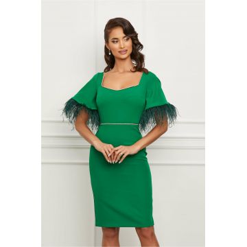 Rochie Dy Fashion verde cu pene la maneci si insertie stralucitoare