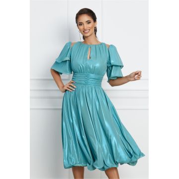 Rochie Dy Fashion verde mint metalizat cu volane pe maneci