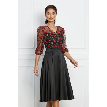 Rochie Ella Collection Maria neagra cu broderie florala rosie la bust