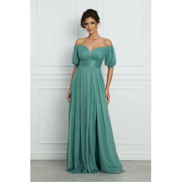 Rochie Lauren lunga verde mint cu glitter si umeri goi